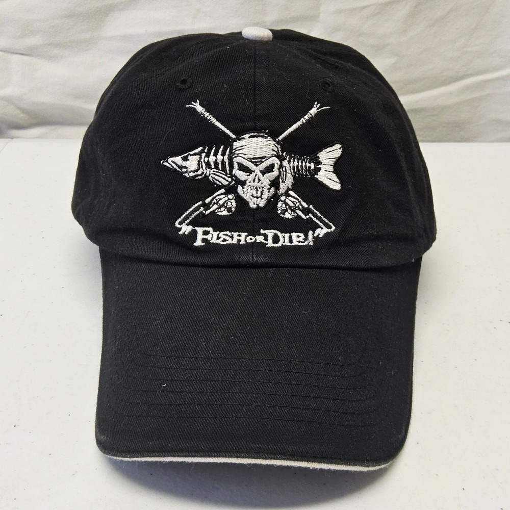 Get Reel Get Fish Baseball Cap Mens OSFM Black Fish or Die Skull Embroidered Hat